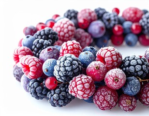 Close Up of Frozen Berries with Red Currants and Blueberries on White Background