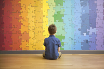 Contemplative boy sits before a vibrant, oversized jigsaw puzzle mural, evoking curiosity, problem-solving, and the joy of discovery.