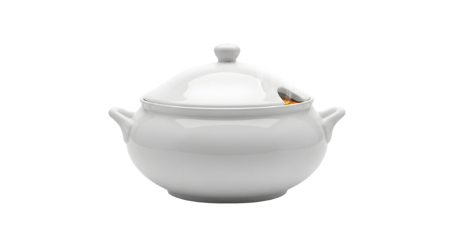 White porcelain soup tureen with lid for serving food Elegant design studio shot Isolated on white background