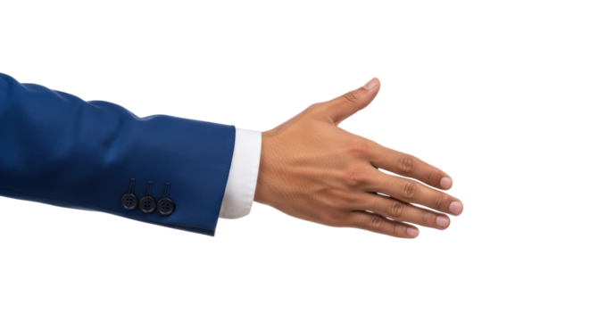 Isolated image of a male hand extended for handshake in a navy suit, offering greeting gesture