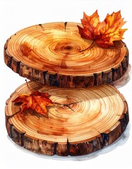 Watercolor Stack of Two Brown Wooden Slices with Autumn Leaves on White Background