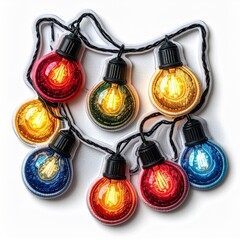 Festive String of Multicolored Light Bulbs on White Background