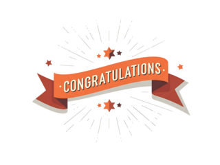 A stylized orange banner with the word "CONGRATULATIONS" in white, surrounded by starbursts and small stars on a white background.