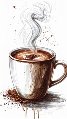 Steaming Mug of Rich Dark Brown Hot Chocolate with White Background and Splash Watercolor Accents