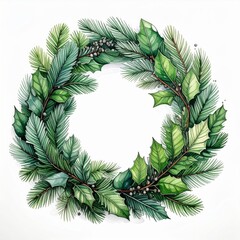 Watercolor Green Holiday Wreath with Pine Branches and Holly Leaves on White Background