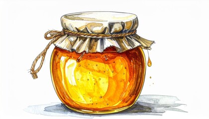 Watercolor Glass Jar Filled with Golden Honey and Rustic Lid Isolated on White Background