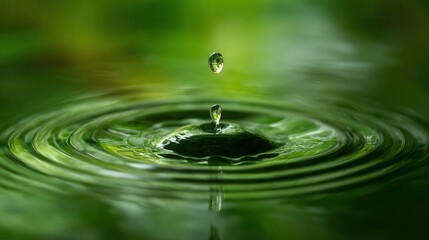 A serene close-up of a water droplet creating ripples on a green surface, emphasizing tranquility and the beauty of nature.