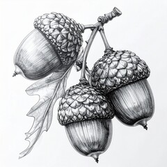 Detailed Black and White Drawing of Three Acorns on a Branch with an Oak Leaf