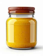 Glass Jar Filled with Yellow Liquid on White Background