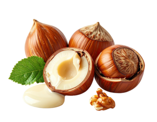 Close-up of three hazelnuts, one halved, with a leaf and some creamy liquid.  A walnut is visible in the bottom right corner