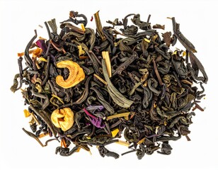 Pile of Black Loose Leaf Tea with Dried Fruit Pieces on White Background Detailed Macro Shot