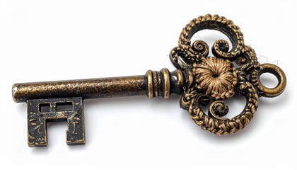 Detailed Shot of Ornate Bronze Key on White Background Detailed Key Shape and Design Antique Look Old World