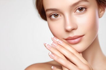 Fototapeta premium Elegant woman with flawless skin, adorned with perfect french manicure, exudes natural beauty and sophistication. A picture of health and grace.