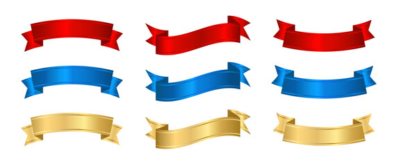 Set of realistic satin silk award ribbon for medal in gold, red, blue colors. Blank background for writing. Elements for first place, warranty. 