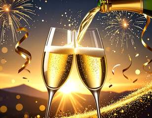 Celebrate New Year with clinking glasses and golden bubbles at sunset Generative AI