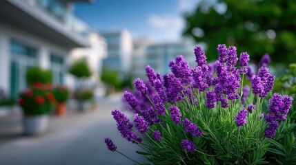Close Up of Blooming Lavender Flowers with Lush Green Foliage in Urban Setting Under Bright Sunlight