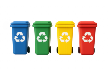 Four colorful recycling bins showing waste separation symbols