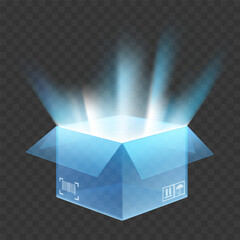 Open glass box with light inside. Template isolated on transparent background. Vector mockup.