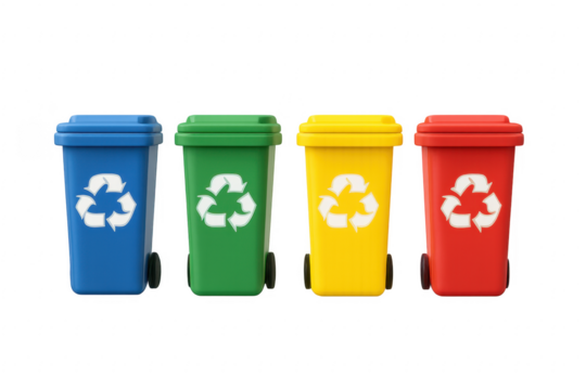 Four colorful recycling bins showing waste separation symbols