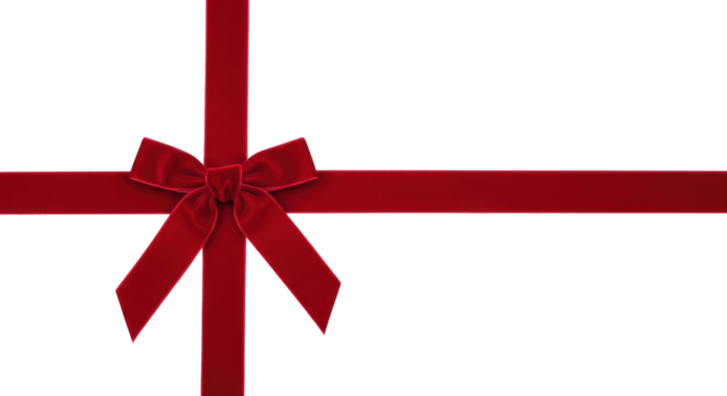 Isolated red velvet ribbon tied into a bow, festive decor for a gift or holiday project