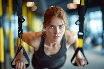 A young woman using TRX suspension trainers for a full-body strength workout inside a modern gym.