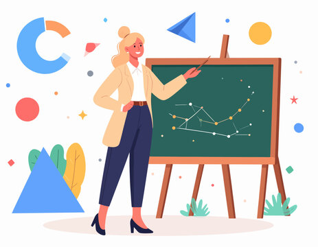 A female professor explains complex data using a star chart and infographics in a modern flat style