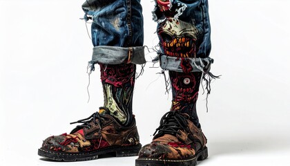 Worn Blue Jeans and Damaged Brown Leather Boots on White Background Close Up