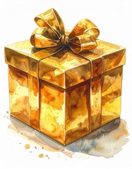 Golden Gift Box with Satin Bow Watercolor Illustration on White Background