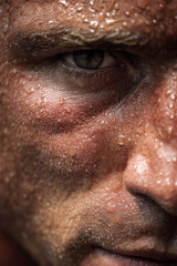 Obraz premium An intense close-up of a person's sweaty face during CrossFit, conveying exertion, focus, and raw determination.