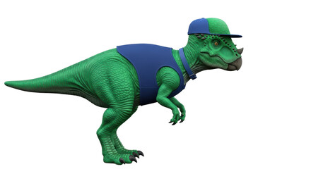 Isolated green Tyrannosaurus rex dinosaur with blue cap and vest on neutral background