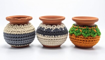 Three Brown Clay Pots with Colorful Crochet Covers on White Background
