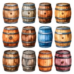 Illustration of various wooden barrels