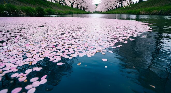 cherry blossom petals floating on serene river water