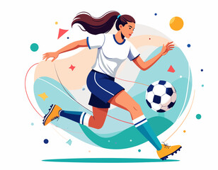 Dynamic illustration of a female soccer player in action, dribbling the ball. Vibrant abstract shapes create an energetic backdrop, symbolizing athleticism and the thrill of the sport