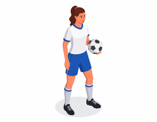 Dynamic isometric illustration of a female soccer player in a white and blue uniform, holding a football, ready for action on the field, representing women's sports and athletic skill
