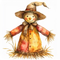Watercolor Illustration of a Straw Filled Scarecrow With a Patchwork Coat and Straw Hat on a White Background