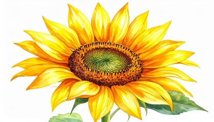 Watercolor Sunflower Blossom with Golden Petals and Green Leaves on White Background