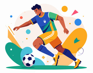 Dynamic illustration of a male soccer player in action on a field, skillfully dribbling a ball with abstract colorful shapes in the background