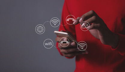 Young man hand using smartphone with to Interconnect, Interconnected Concept; People connect via wireless internet in a world of digital technology and communications that connect