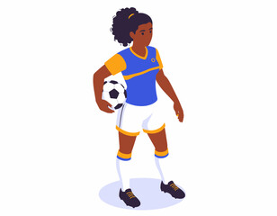 Dynamic female soccer player in a vibrant blue and yellow uniform, confidently holding a football, ready to showcase her athletic skill and passion for the beautiful game