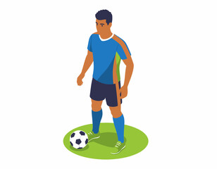 Isometric illustration of a male soccer player in a blue uniform standing with a ball on a green field. Vector graphic of a sportsman ready for a match