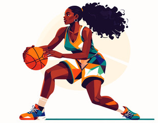 Vibrant illustration of a powerful Black woman athlete in a dynamic pose, dribbling a basketball with focus and energy on the court