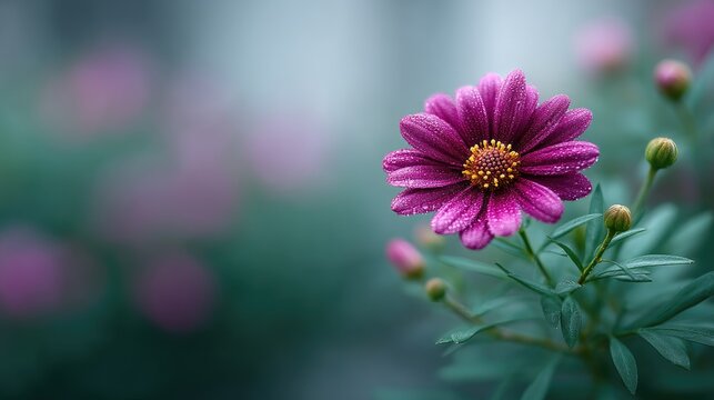 Close Up of a Purple Daisy with Water Droplets and a Blurred Background in Cinematic HDR Macro