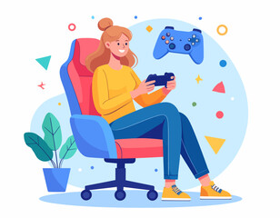 Young woman happily playing video games on a comfortable chair with a controller in her hands