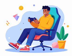 Dynamic illustration of a young man intensely focused on playing a modern video game, comfortably seated in an ergonomic gaming chair, embodying digital entertainment and leisure time