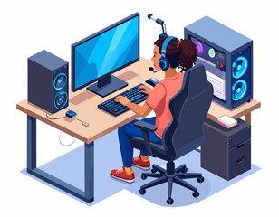 Gamer Girl in Action A Vector Illustration of a Female Gamer Playing on Her PC