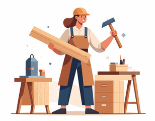 Smiling female carpenter in safety gear holding a wooden plank and hammer, showcasing craftsmanship and dedication in her workshop
