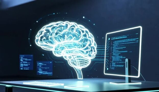 Human brain artificial intelligence concept glowing neon light Vector illustration digital technology future innovation science futuristic background