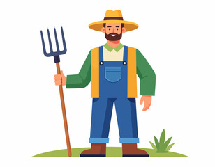 A farmer dressed in overalls and a straw hat, holding a pitchfork, stands in a field, conveying agricultural work and rural life
