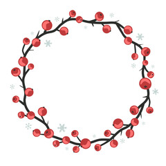 Floral Christmas wreath frame with red berry branches. Winter and Xmas card. Vector isolated illustration